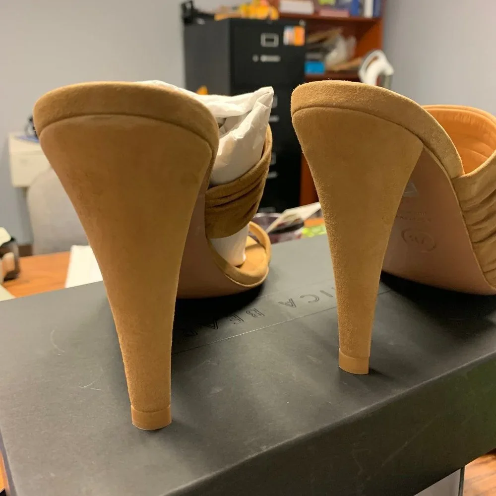Veronica Beard Tan Suede Ruched Toe-Loop Heeled Sandals - Picture 3 of 6